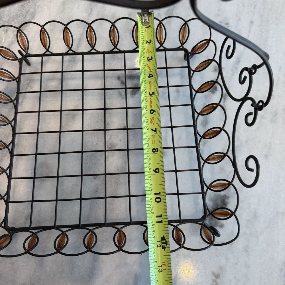 Pier 1 Wrought Iron Orange Beaded Basket Centerpiece With Handle Scalloped